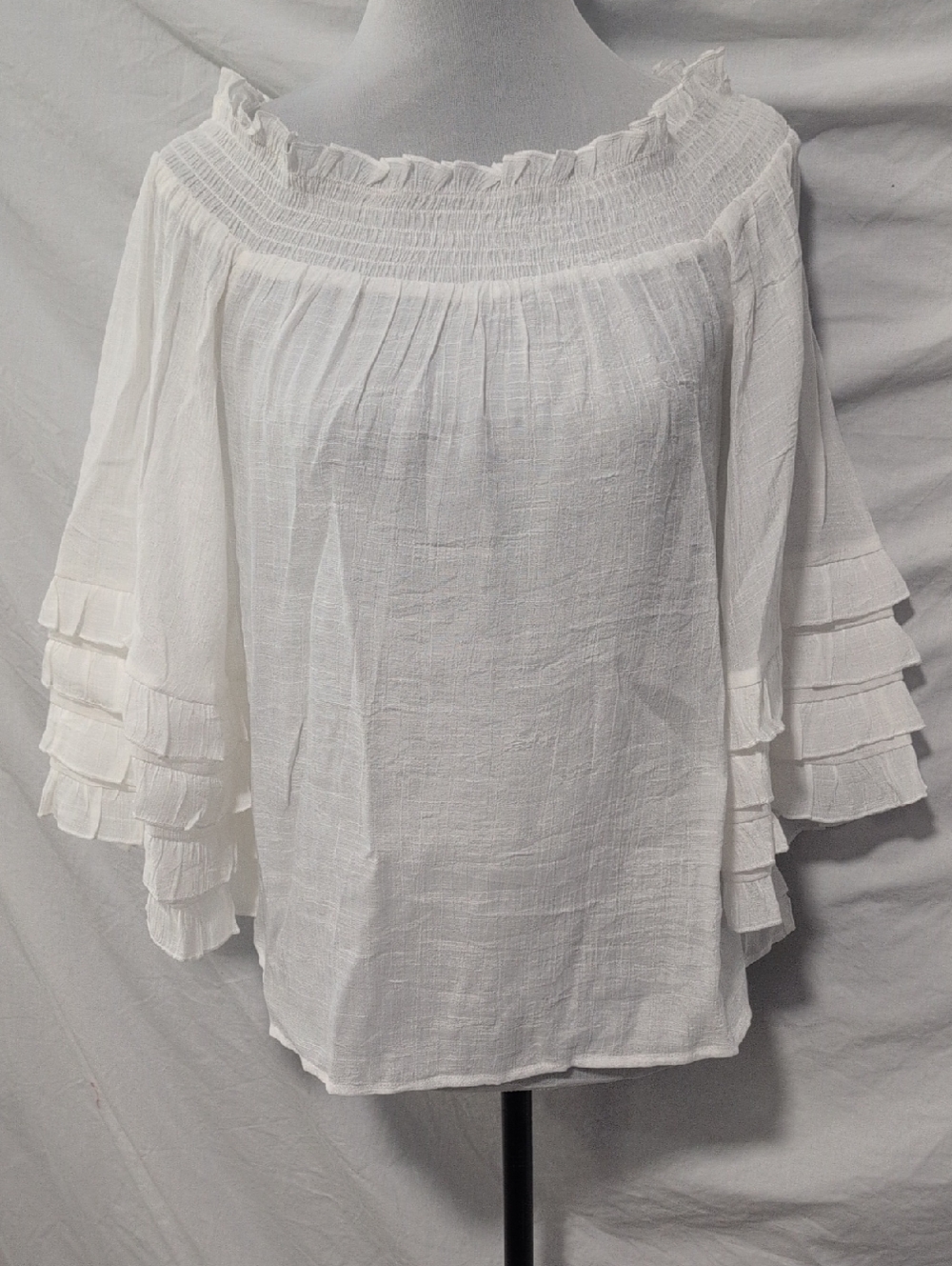 Lulu's White Off-Shoulder Smocked Ruffle Sleeve Blouse